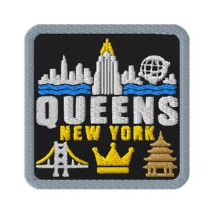Queens New York Crown Skyline Souvenir Embroidered Patch Iron On - Square Oval or Round Shapes Sew On Collectible