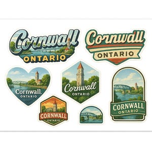 May include: A collection of Cornwall Ontario stickers in various shapes. Each sticker features the word "Cornwall" and "Ontario" with illustrations of a bridge, clock tower, and river scenery. The stickers have a vintage, travel-themed design.