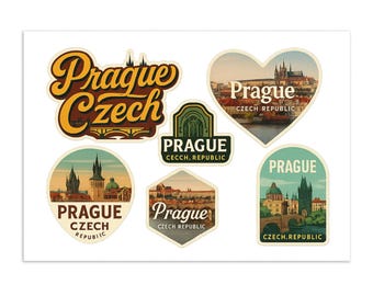 Prague Czech Republic Sticker Sheet - 6 Vintage Travel Stickers Featuring Castle Views and Historic Landmarks