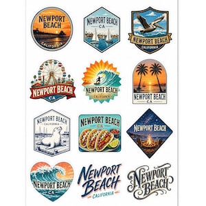 May include: A sheet of Newport Beach, California stickers. Designs include a Ferris wheel, pelican, sailboats, tacos, a bonfire, and ocean waves. Each sticker features the words "Newport Beach" and "California".