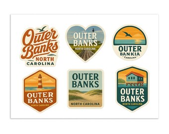 Hoja de pegatinas de Outer Banks, Carolina del Norte: 6 pegatinas de viaje vintage con escenas de faros y playas