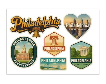 Klistermärkesark med Philadelphia, Pennsylvania - 6 vintage-reseklistermärken med historiska landmärken och stadssilhuett