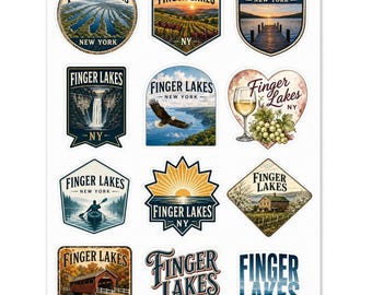 Cartela de adesivos de lembrança da região de Finger Lakes, NY: 12 adesivos de vinil recortados individualmente para laptops e garrafas de água.