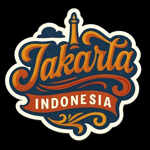 Può includere: Un adesivo con un design vintage con la parola "Jakarta" in scrittura arancione su uno sfondo blu. La parola "Indonesia" è visualizzata in bianco su uno striscione rosso. Sono inclusi anche una torre e una nuvola.