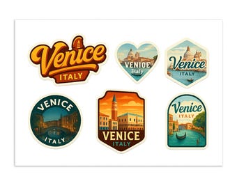 May include: A set of six stickers featuring Venice, Italy. Designs include a yellow script logo, a heart-shaped canal view, a hexagonal dome scene, a circular night bridge view, a shield-shaped tower, and an arched canal with a gondola.