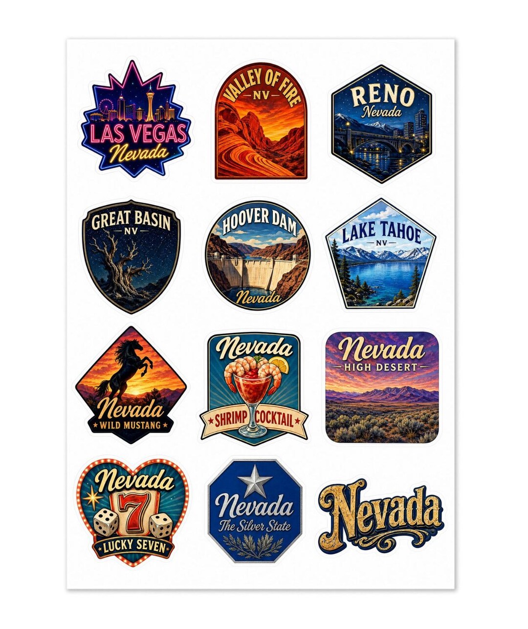Nevada Sticker Sheet: Iconic Cities, Landmarks, Wildlife, Cuisine (12 ...