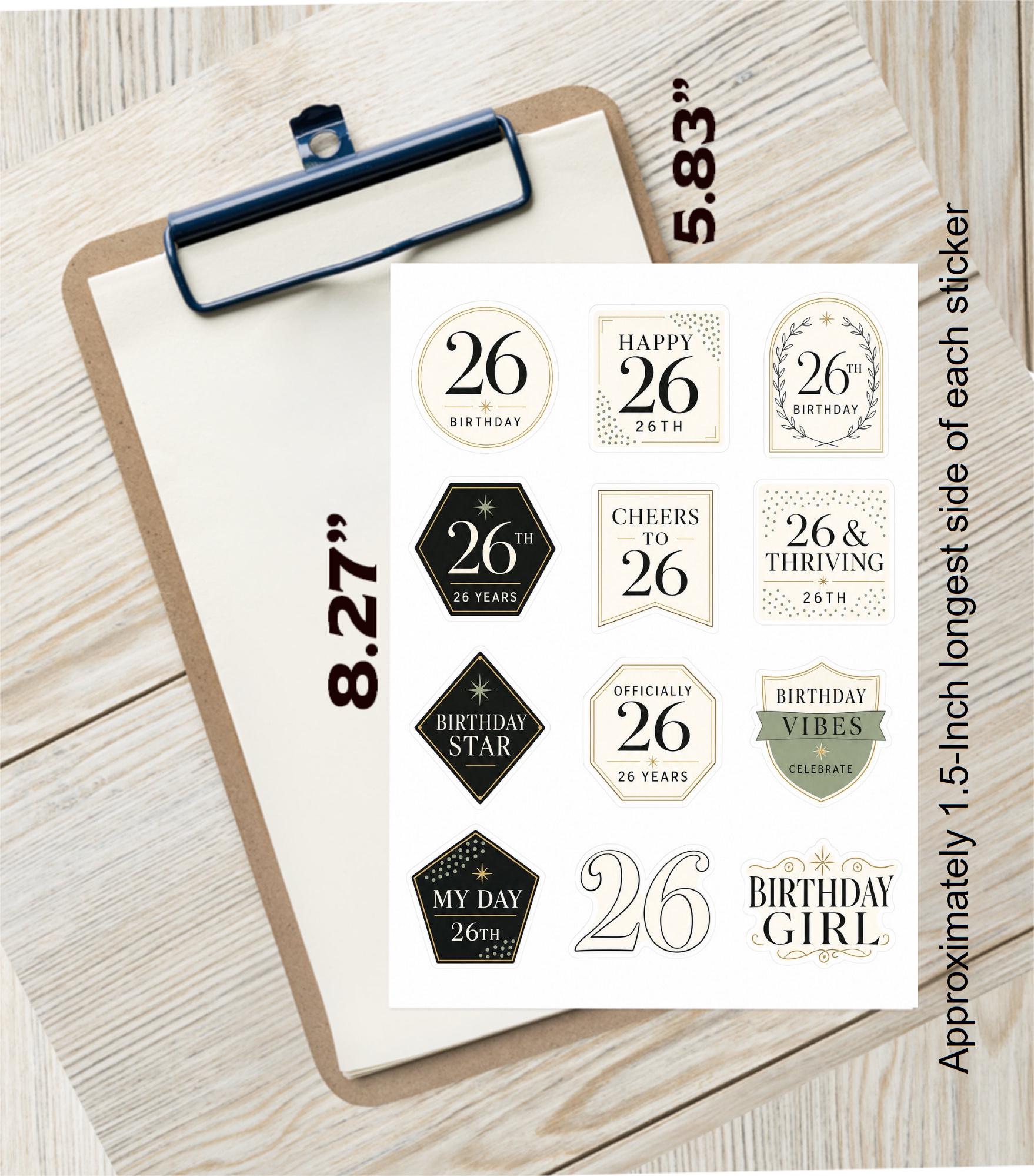 Sticker 26 Bd 26th Birthday Stickers: Black, Gold, Cream Vinyl Celebration Decor (12 ...
