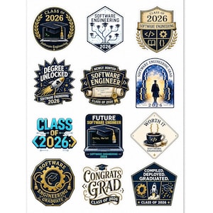 Op de afbeelding: Een vel stickers met thema's voor software engineering afstuderen. Ontwerpen omvatten afstudeerpetten, codesymbolen, raketten en de tekst "Class of 2026" in verschillende stijlen. De stickers zijn in goud, zwart en blauw.