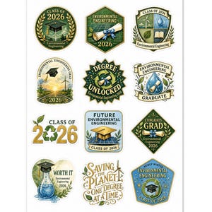 May include: A sheet of stickers with various designs related to Environmental Engineering. The stickers feature graduation caps, diplomas, and the text "Class of 2026", "Degree Unlocked", and "Saving the Planet One Degree at a Time". The color palette includes green, gold, and blue.
