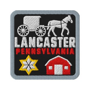 Lancaster Pennsylvania Horse Buggy Souvenir Embroidered Patch - Square Oval or Round Shapes Iron On Sew On Collectible