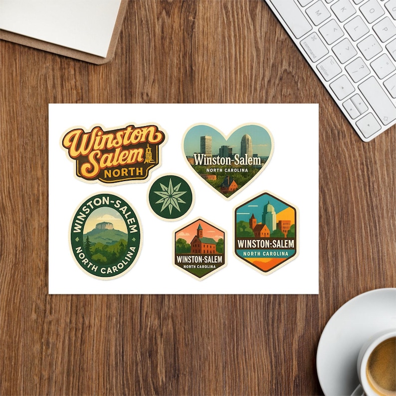 Winston Salem North Carolina Aufkleber Bogen – 6er-Pack Reise-Souvenir-Aufkleber mit Stadtsilhouette, Bergblick und lokalen Sehenswürdigkeiten Bild 3