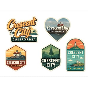 Crescent City California Sticker Sheet - 5 Vintage Travel Stickers Pack Lighthouse Ocean Redwoods Souvenir Decals
