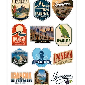 May include: A sticker sheet featuring twelve distinct designs related to Ipanema, Rio, Brazil. The stickers include illustrations of beaches, mountains, a parrot, a seahorse, boats, and stylized text reading Ipanema, Rio, Brazil in various fonts.