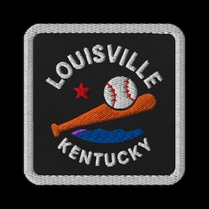 May include: Embroidered patch featuring the city name "Louisville" arched above a baseball and an orange baseball bat. A red star and the word "Kentucky" are also included. The patch has a black background and a white border.