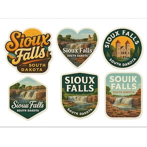 May include: Set of six stickers featuring the words "Sioux Falls" and "South Dakota" in various shapes. The stickers depict the falls, a church, and a rainbow, with a vintage travel aesthetic. The color palette includes shades of green, orange, and blue.