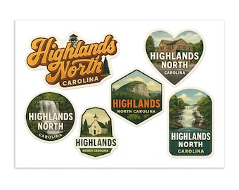 Highlands North Carolina Sticker Sheet - 6 Piece Travel Souvenir Decal Set with Mountain Scenery and Local Landmarks