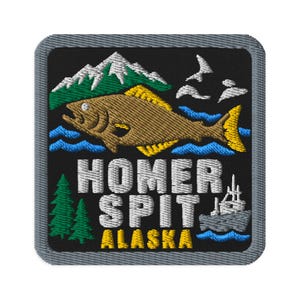Homer Spit Alaska Salmon Souvenir Embroidered Patch Iron On - Square Oval or Round Shapes Sew On Collectible