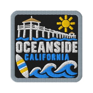 Oceanside California Pier Surfboard Souvenir Embroidered Patch - Square Oval or Round Shapes Iron On Sew On Collectible