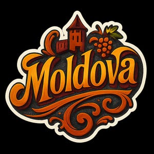 May include: A decorative sticker featuring the word "Moldova" in orange, stylised lettering. The design includes a small castle, grapes, and ornate scrollwork, set against a black background with a white border.
