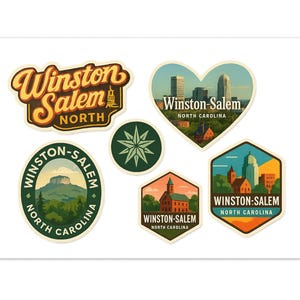 Winston Salem North Carolina Aufkleber Bogen – 6er-Pack Reise-Souvenir-Aufkleber mit Stadtsilhouette, Bergblick und lokalen Sehenswürdigkeiten Bild 1
