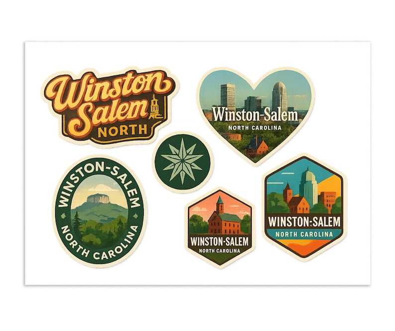 Winston Salem North Carolina Aufkleber Bogen – 6er-Pack Reise-Souvenir-Aufkleber mit Stadtsilhouette, Bergblick und lokalen Sehenswürdigkeiten Bild 1