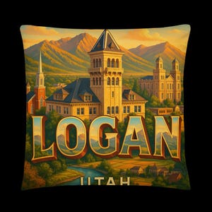 May include: A decorative pillow featuring a scenic illustration of Logan, Utah. The design includes a detailed depiction of buildings, mountains, and a river, with the city name in bold, 3D lettering. The word "UTAH" is printed at the bottom.