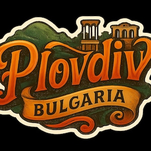 May include: A vintage-style sticker with the word "Plovdiv" in orange script, above a banner reading "Bulgaria." The design includes a green mountain and architectural elements, all outlined in white against a black background.