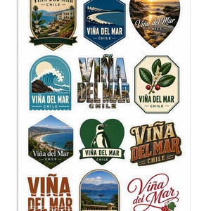 Vina del Mar Chile Coastal Illustrated Souvenir Sticker Sheet - 12 Pack Travel Vinyl Decals - Approx. 1.5 Inches Each