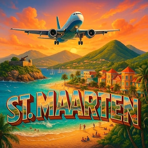 Imán para coche de San Martín: recuerdo caribeño con escena de playa y avión. Recuerdo de viaje resistente a la intemperie.