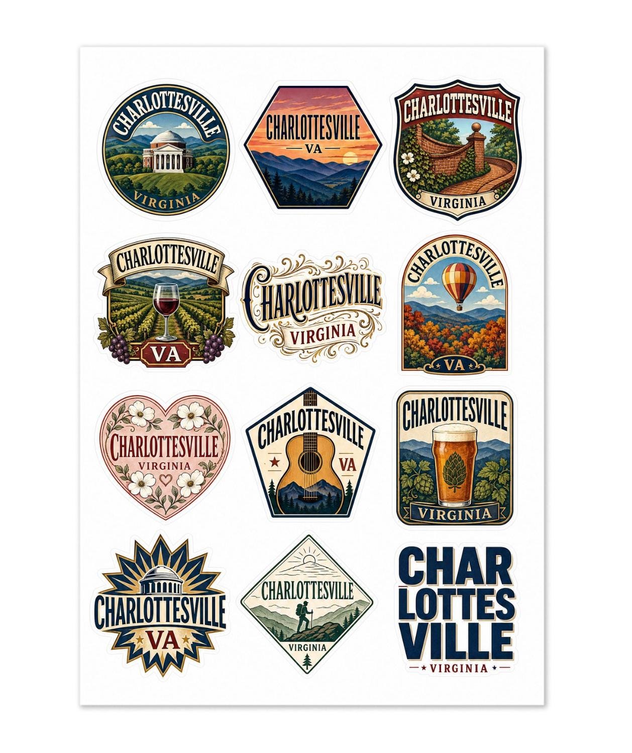 Charlottesville Virginia 12-pack Souvenir Sticker Sheet 1.5 Inch Kiss ...