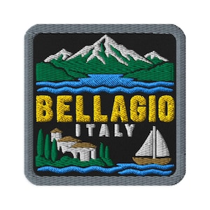 Bellagio Italy Lakeside Sailboat Souvenir Embroidered Patch - Square Oval or Round Shapes Iron On Sew On Collectible