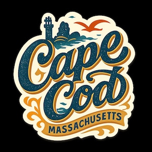 May include: A sticker with the words "Cape Cod Massachusetts" in a vintage style. The design includes a lighthouse, clouds, and a seagull in shades of blue, orange, and cream, with a black background.