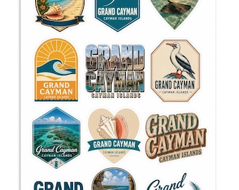 Könnte beinhalten: Ein Aufkleberbogen mit zwölf verschiedenen Motiven rund um Grand Cayman, Cayman Islands. Die Grafiken zeigen Illustrationen einer Flügelschnecke, eines Stachelrochens, eines tropischen Strandes, eines Tölpels, Korallenriffen, Meereswellen und Text.