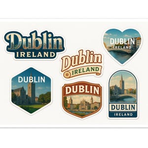 May include: A collection of Dublin, Ireland themed stickers in various shapes. Each sticker features the word "Dublin" and "Ireland" with images of landmarks and cityscapes. The stickers are in shades of blue, brown, and green.