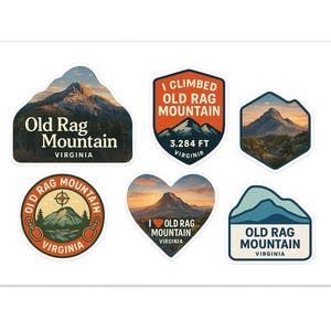 May include: A collection of six stickers featuring illustrations of Old Rag Mountain in Virginia. The stickers vary in shape and design, with text that reads "Old Rag Mountain" and "Virginia". Some stickers include the text "I Climbed Old Rag Mountain" and the elevation of 3,284 feet.