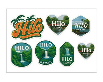 Hoja de pegatinas de Hilo, Hawái: 7 calcomanías de viaje paradisíacas tropicales con cascadas y palmeras