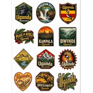 May include: A collection of Uganda-themed stickers. Designs include a mountain gorilla, waterfalls, and a crowned crane. The stickers are in various shapes, with text such as "Uganda", "Kampala", and "Queen Elizabeth NP".