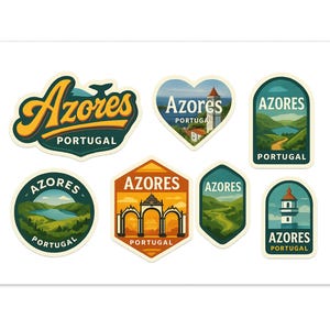 May include: A set of Azores, Portugal stickers in diverse shapes. Designs include a heart, a circle, and a hexagon, featuring landscapes, architecture, and the text "Azores Portugal" in a retro style.