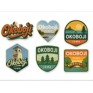 Feuille d'autocollants Okoboji Iowa - 6 autocollants de voyage vintage représentant les monuments du lac Okoboji et des vues panoramiques