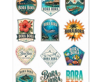 Hoja de pegatinas de Bora Bora, Polinesia Francesa: Calcomanías de recuerdo de viaje tropical