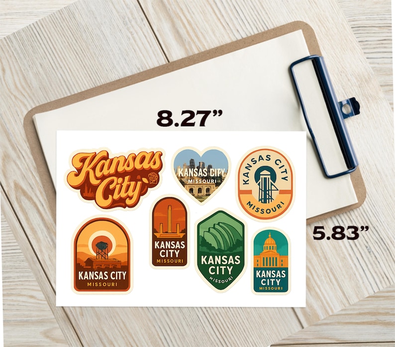 Kansas City Missouri Sticker Sheet - 6 Vintage Travel Stickers Set with Skyline and Landmarks image 2
