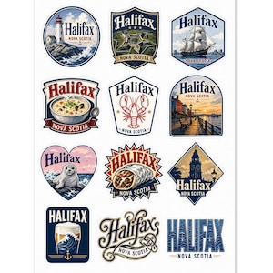 Può includere: Un foglio di adesivi colorati di Halifax, Nuova Scozia. I disegni includono un faro, un forte, una nave alta, una ciotola di zuppa, un'aragosta, una scena sul lungomare, una foca, un burrito, un edificio, una birra e vari loghi di Halifax.