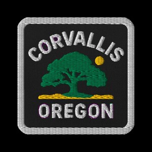 Corvallis Oregon Embroidered Patch - Square Travel Souvenir with Tree Design - Iron On Sew On Safety Pin