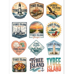 May include: A sheet of Tybee Island, Georgia stickers featuring various designs. The stickers include images of a lighthouse, a sea turtle, a pelican, a shrimp boat, a sunset, a beach scene, a heart with a sand dollar, a crab, and a surfboard.