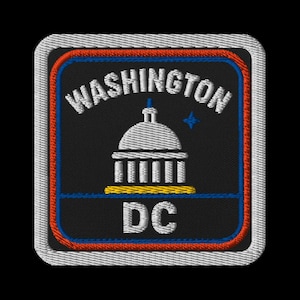 May include: Embroidered patch featuring the text "WASHINGTON DC" with an illustration of the U.S. Capitol building. The patch has a black background with a red, white, and blue border.