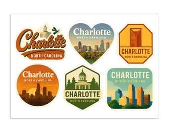 Foglio di adesivi di Charlotte, Carolina del Nord - 6 adesivi souvenir di viaggio raffiguranti lo skyline della città e i suoi monumenti