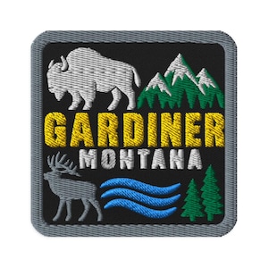 Gardiner Montana Bison Elk Mountains Souvenir Broderad Tygmärke - Fyrkantig Oval eller Rund Form Stryk-på Sy-på Samlarobjekt