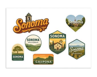 Sonoma California Sticker Sheet - 7 Premium Travel Decals Featuring Wine Country Landmarks and Scenic Views