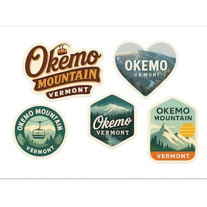 May include: A collection of five stickers featuring the text "Okemo Mountain Vermont" in various designs. The stickers include images of a mountain, a ski lift, and a sunset. The color palette includes shades of brown, green, and orange.