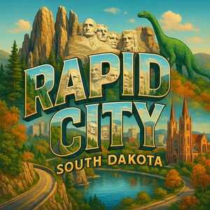 May include: A colorful illustration of Rapid City, South Dakota, featuring Mount Rushmore, a green dinosaur, and a church. The text "Rapid City" is prominently displayed, with "South Dakota" below.